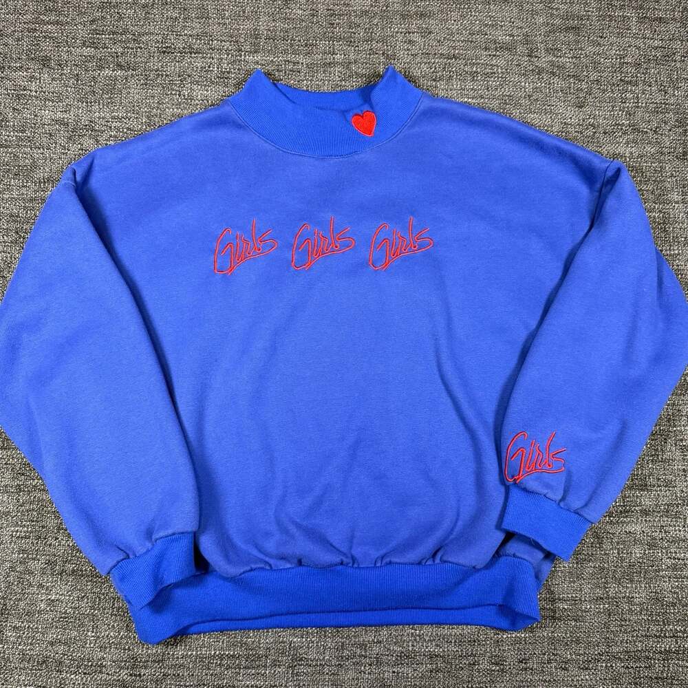 Lisa Vintage Blue Mock Neck Sweatshirt with 'Girls Girls Girls' Embroidery and H